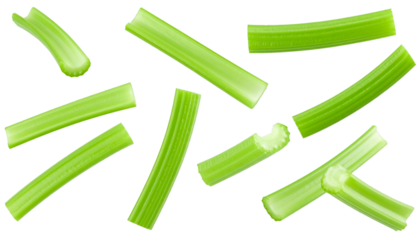 Fresh celery sticks falling on transparent background
