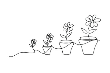 Continuous line drawing of growing flowers in pots illustrating growth and progress