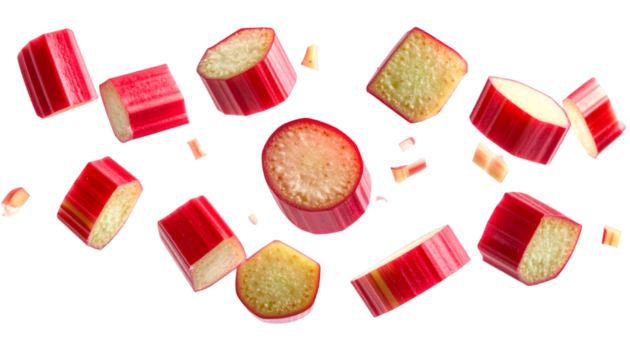 Fresh rhubarb stalks and slices flying on transparent background