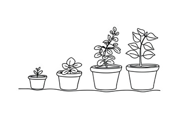 Illustrated line art depicting plant growth stages in potted plants against a white background