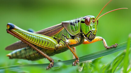 Fototapeta premium Vibrant Green Grasshopper on Blade of Grass Detailed Closeup