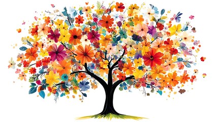 Vibrant tree with colorful flowers on a white background, symbolizing growth and creativity