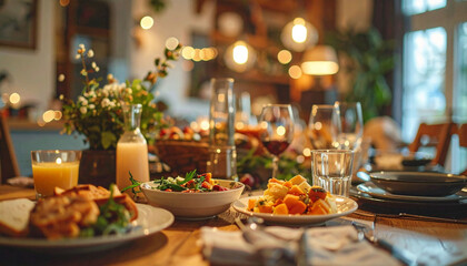 the image captures a festively decorated table set for a meal, illuminated by soft, warm lighting