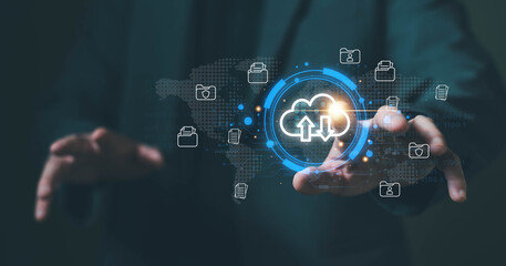 Business person migrate data and corporate information into cloud technology for data security and back up as disaster recovery site and prevent for cyber crime. Data inventory for enterprise.