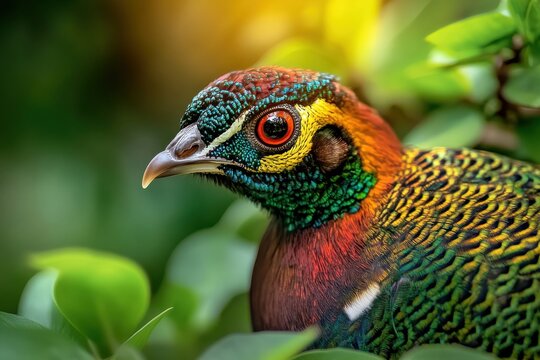Vibrant Close-Up of Colorful Bird Among Lush Greenery