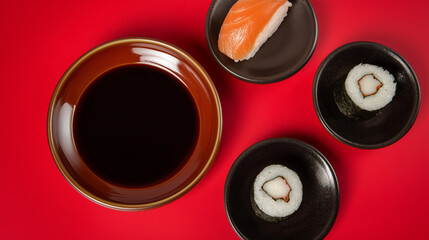 Japanese soy sauce bowl and sushi on slate plates, red and black backdrop - minimalist elegance of traditional cuisine