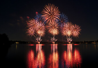 Fototapeta premium Vibrant Fireworks Display Reflected on Calm Water at Night