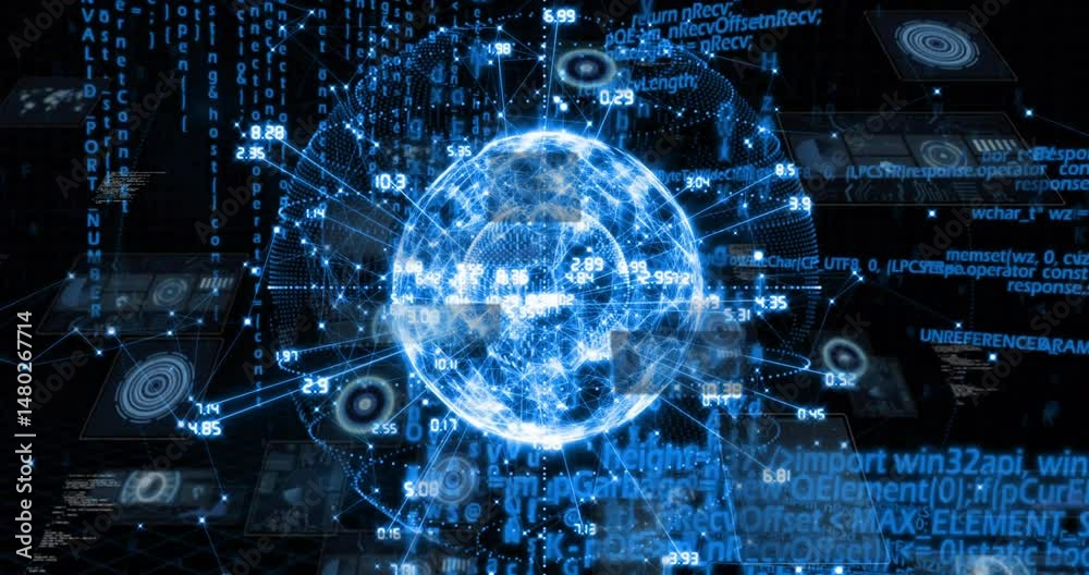 Poster Glowing digital globe showing connected nodes alongside floating code panels and target graphics
