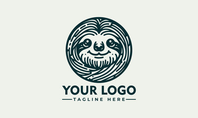 Charming Line Art Illustration of a Smiling Sloth Hanging from a Branch within a Circular Frame. Animal Illustration Concept.