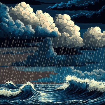 Pixel Art Ocean Storm with Heavy Rain and Waves Crashing on the Shoreline at Night Dark Moody Weather