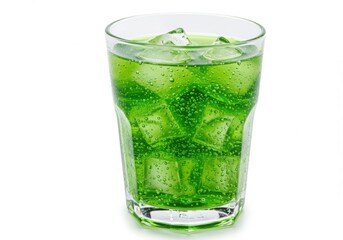 Fototapeta premium Tall glass filled with green liquid and ice cubes on a white background view
