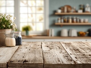 Rustic wooden table surface with jars of ingredients and flowers in a bright kitchen interior background close up eye level