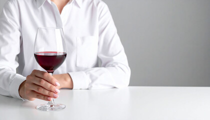 a woman in a light colored blouse holds a stemmed glass filled with a dark liquid. her hand wraps around the base of the glass, supporting it