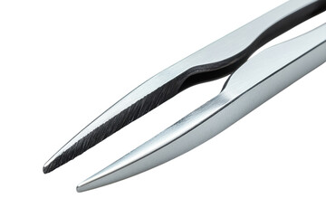 Fototapeta premium Precision Tweezers Silver Metal Closeup Black Background Professional Tool on transparent background