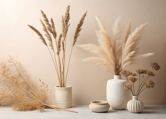  Minimalist background featuring dried plants like pampas grass and wheat on beige tones, neutral color palette, soft light, boho aesthetic, no shadows, isolated objects.