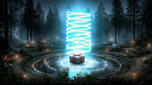 Floating red platform mystery box in circular energy field with glowing spiral beams Video 4K UHD 60fps