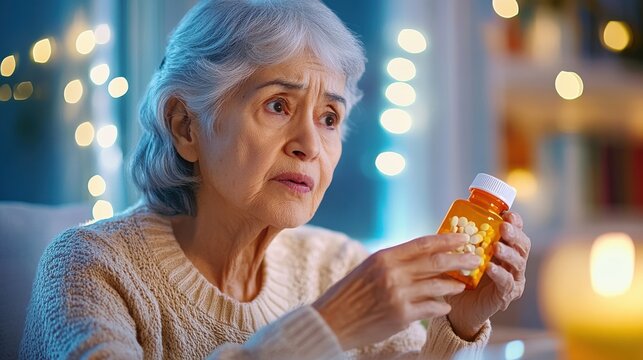 Concerned senior woman holding medication bottle at home in evening