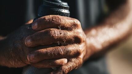 Close-up view of sweaty hands gripping a water bottle.
