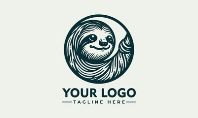Charming Line Art Illustration of a Smiling Sloth Hanging from a Branch within a Circular Frame. Animal Illustration Concept.