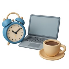 3D Components for Productivity Setup with Clock, Laptop, and Coffee