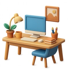 Simple 3D Home Desk Scene with Chair, Monitor, and Decorative Items