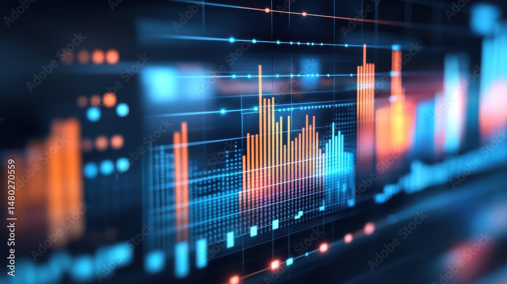 Poster colorful data visualization on digital screen with analytics graphs