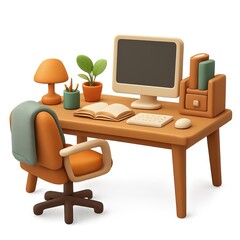Simple 3D Home Office Desk Setup with Cozy Elements and Decor
