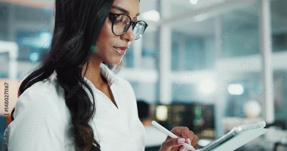 Poster Tablet, stylus and businesswoman in office with project for UX interface on app development. Professional, digital technology and female frontend developer with creative design at IT startup.