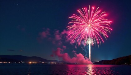 Vibrant fireworks explode in the night sky, illuminating the darkness with colorful bursts , fireworks, rocket, pyrotechnics