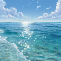 Obraz premium Sparkling turquoise ocean water reflecting sunlight, calm waves lapping onto shore, idyllic seascape view