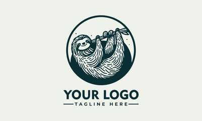 Charming Line Art Illustration of a Smiling Sloth Hanging from a Branch within a Circular Frame. Animal Illustration Concept.