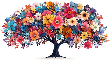 Fototapeta premium Vibrant tree with colorful flowers on a white background, symbolizing growth and creativity