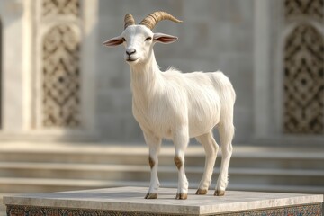 Fototapeta premium A white goat stands proudly on a stone pedestal.