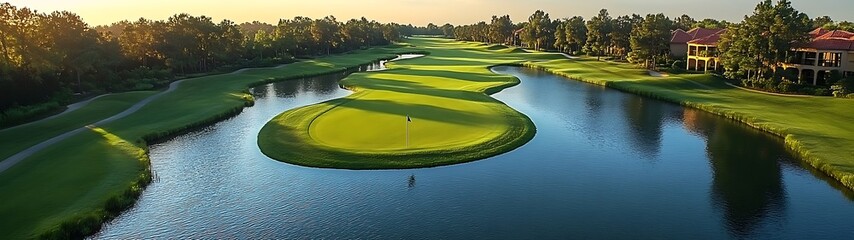 Naklejka premium Golf course with water features and houses