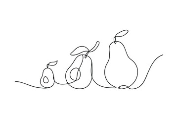 Elegant minimalist line drawing illustration depicting three pears of varying sizes on white background