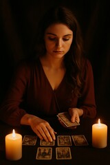 This AI-generated image features a young woman with wavy brown hair, sitting in a dimly lit room and laying out tarot cards on a dark table. 