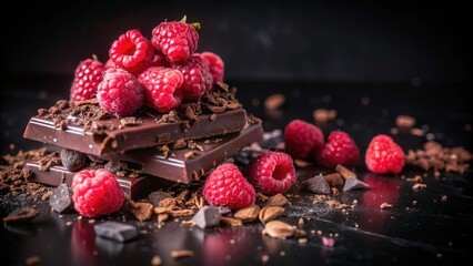 A Luxurious Arrangement of Dark Chocolate Squares Decorated with Fresh Raspberries and Sprinkled with Chocolate Shavings