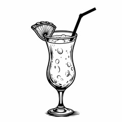 Pina colada sketch in black and white on white background, summer refreshment