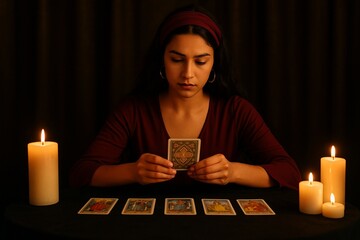 This AI-generated image features a young woman with wavy brown hair, sitting in a dimly lit room and laying out tarot cards on a dark table. 