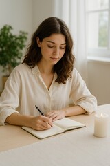 This AI-generated image shows a young woman with wavy brown hair journaling in a sunlit, serene room. She is wearing a light cream shirt and sits at a natural wooden table, surrounded by soft daylight