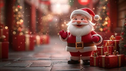 Festive figure stands amidst gifts and lights