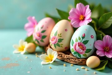 Fototapeta premium Decorated eggs with religious symbols, pastel colors, spring flowers , cross, bunny