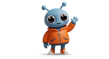 A funny and friendly cartoon alien character with two antennae, wearing a bright orange jacket and sneakers. Big eyes, waving hand, playful pose. 