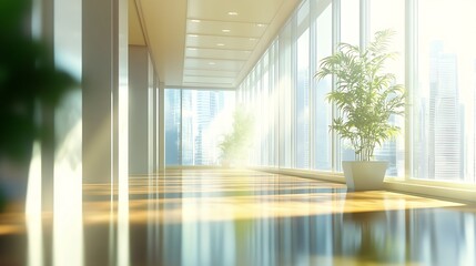 Bright Modern Corridor with Potted Plants, Large Windows, and Cityscape View