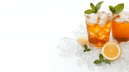 Fototapeta premium Refreshing iced tea mocktail with lemon glass ice cubes on a bright countertop