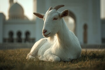 Obraz premium Peaceful white goat resting on grass near a mosque.