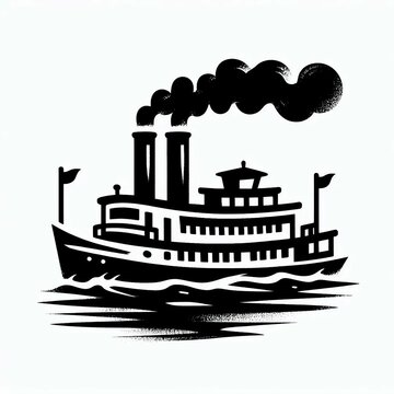 Steamboat on Waves Black and White Illustration