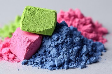 Colorful powder pigment close up shot of blue pink and green blocks on gray background for art or makeup