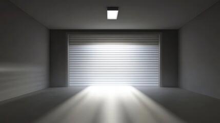 Interior of empty garage with closed door and overhead light casting shadows architectural shot