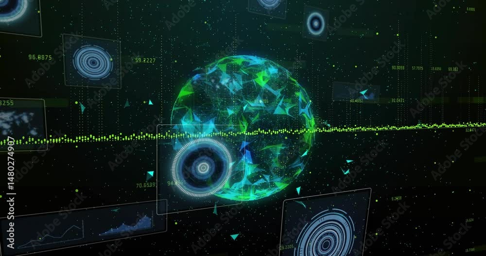Poster holographic globe rotating in virtual data space, showing floating hud panels and data streams